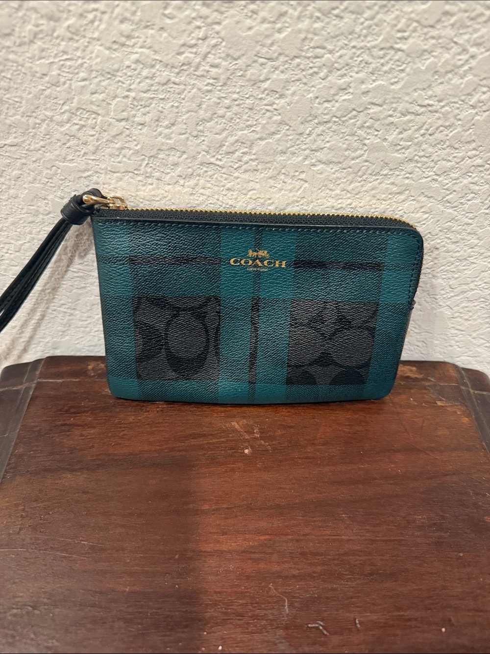 Coach Teal and Black Plaid Zip Wristlet
